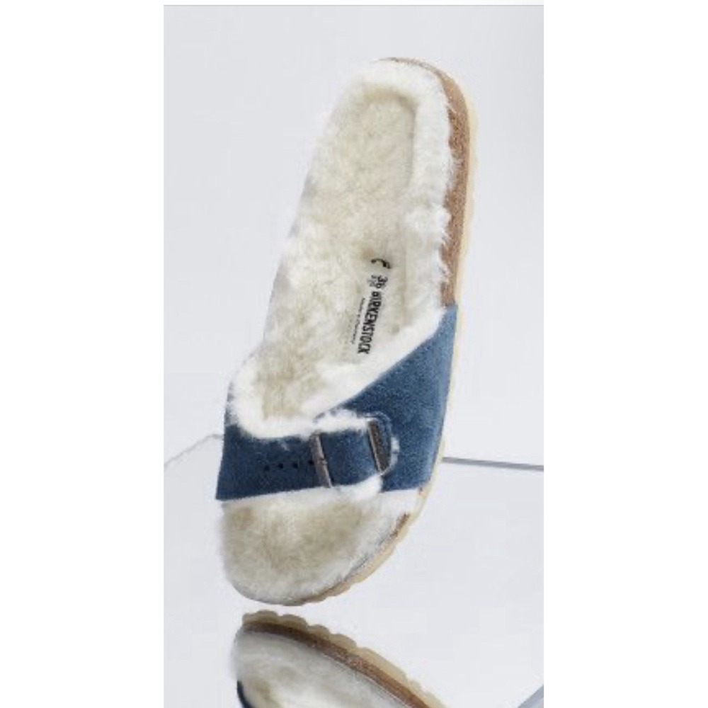 Birkenstock EU 43 M10; W12 Narrow Madrid Fell Shearling Steel Blue Suede Sandal